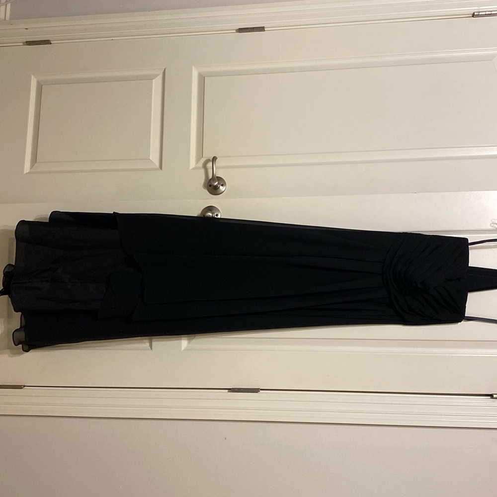 Strapless black bridesmaid dress.